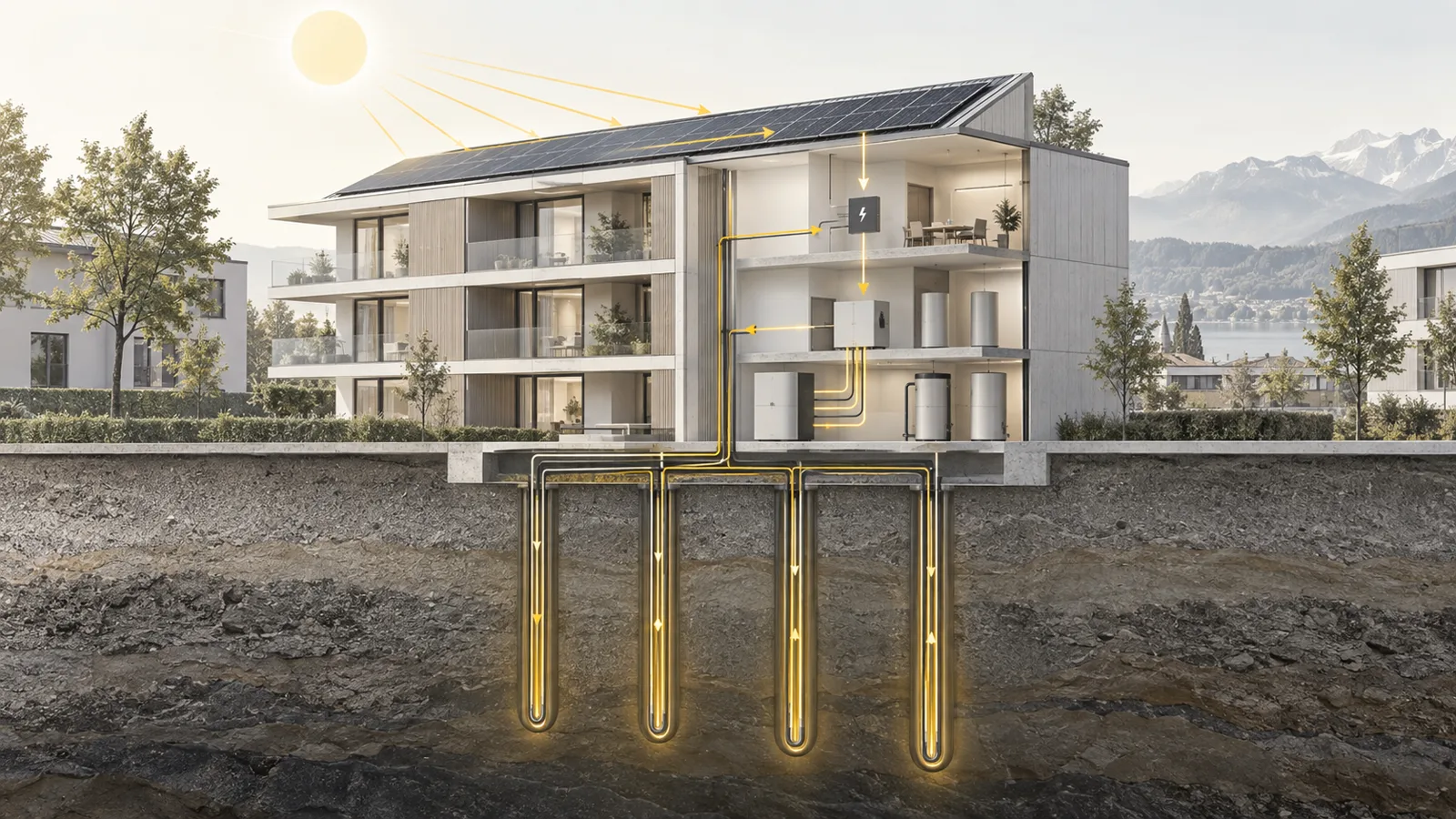 Gebäude mit PVT-Hybridkollektoren auf dem Dach und Erdwärmesonden im Untergrund – Sektorkopplung von Strom und Wärme